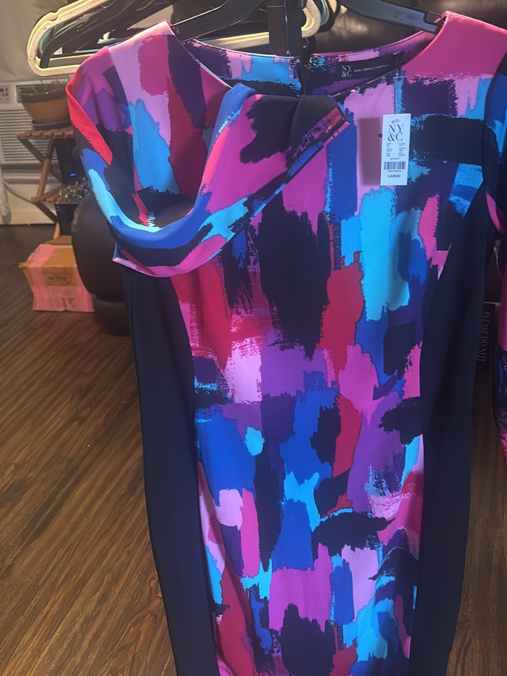 New York & Company Multicolor Abstract Brushstroke Long Sleeve Dress